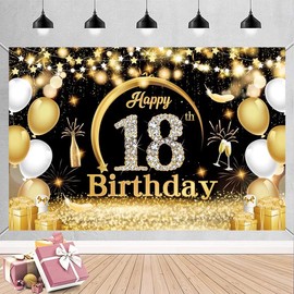 Tbecor 18th Happy Birthday Banner Backdrop Extra Large (185 x110cm) Black Gold Theme Birthday Party Background Decorations Supplies for Boys Girls Indoor Outdoor