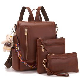 Soperwillton Women Backpack Purse PU Leather Anti-theft Fashion Shoulder Bag Travel Backpack Set 3pcs