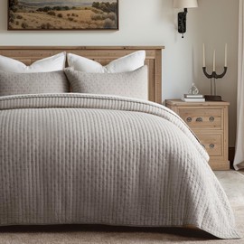 EVERGRACE Cross Stitch Pre-Washed Cotton Quilt Bedding Set Queen Size, Oversized 3 Pieces Lightweight Bedspread Coverlet for All Season, with 2 Matching Shams, Taupe, 92"x96"