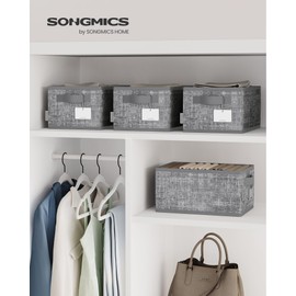 SONGMICS Aufbewahrungsbox 3er Set, zusammenklappbar, Stoffboxen aufbewahren, 30 x 20 x 15 cm, für Kleiderschrank, 2 Griffe, Etikette, für Schlafzimmer Wohnzimmer, schilfgrau ROB415G01