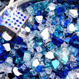 NUPICK 10 Pound Fire Glass for Fire Pit, 1/2 Inch Tempered Mixed Fire Glass in Bahama Blend for Propane Fire Pit & Gas Fireplace, Blue and White Fire Glass Rock