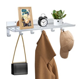 MQTOUR Coat Rack Wall Mount with Shelf,Coat Hanger Wall Mount,Wall Mounted Coat Rack with 6 Metal Hooks,Coat Hooks for Clothes Hats Towel Purse Robes,Bathroom Mudroom Bedroom,Silver