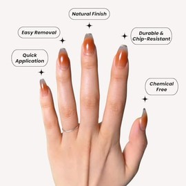 Uñas postizas PerfectLook - Café moca | Uñas cortas color nude marrón ataúd sin pegamento con acabado brillante para uso diario - Kit de 24 piezas con