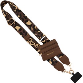 Clip & Go Phone Strap (Leopard - Brown/Gold - Brown Pouch) – Crossbody Phone Chain with Zipper Wallet Pouch – Phone Lanyard for Around The Neck, Phone Wallet, and Cell Phone Holder Badge