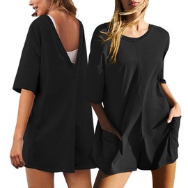 Hanaoops Women's Jumpsuit Summer Short Playsuit Casual Half Sleeve Crew Neck T-Shirts Jumpsuit One-Piece Romper Loose V-shaped Backless Playsuit One-Piece, black
