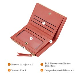 Cartera Compacta y Plegable para Mujer, Billetera de Piel con Cremallera Bolsillo, Portafolios de Cuero Mini, Regalos para Chicas y Mujeres Rojo