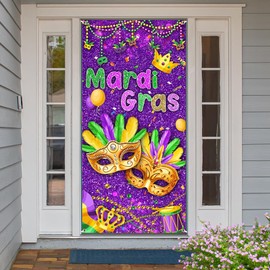 Aperturee Mardi Gras Door Cover 72x35 Inch, Purple Gold Mask Mardi Gras Carnival Party Decorations Masquerade Themed Party Photography Backdrop Front Door Hanging Banner