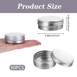 50-Pack Silver 1 oz Aluminum Tin Jars with Screw Lids – Refillable Cosmetic Containers for Lip Balm, Creams, Candles & DIY Crafts