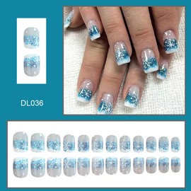 Christmas Press on Nails Short Square French Tips Fake Nails Blue White Coffin Nails Tips Full Cover False Nails with Design Snowflake Acrylic Nails Winter Christmas Glue on Nails Kit for Women 24Pcs