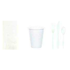 Baxters Party Bundles Bulk, White, 50 Count Paper Dinner Napkins, 48 Count 9 Ounce Paper Hot/Cold Cups, Heavyweight Plastic Cutlery for 48 People, Box of 242