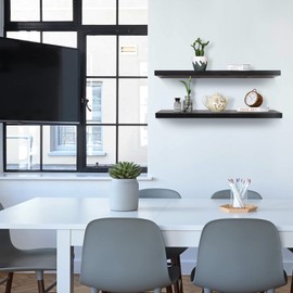 24 Inch Black Floating Shelves for Wall, Solid Wood Wall Shelves Set of 2, Modern Black Shelves Display Ledge Shelves for Bedroom Bathroom Living Room Kitchen Decoration Storage - Black