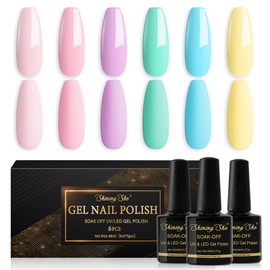 Shining She Semi-Permanent Nail Polishes Pastel, 6 Colors Pink Lilac Blue Green Yellow Semi-Permanent Nails Soak-Off UV, Suitable for Female Family Nail Art, 8ML