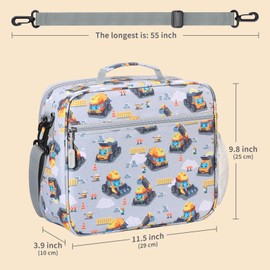 rockpapa Kids Lunch Bag for Kids with Strap, Waterproof, Stain & Oil-Resistant, Insulated LunchBag, Reusable Lunch Tote Bag Holds Lunch Box, Water Bottle & Snacks for School (Grey Constr Trucks)