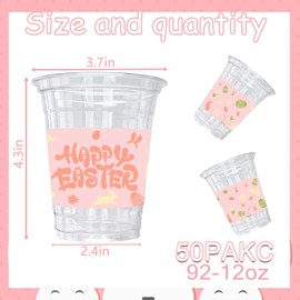 50 Count Spring Easter Party Cups, 12 oz Easter Rabbit Bunny Eggs Disposable Clear Plastic Party Cups for Easter Party Decoration Supplies Drinkware Beer Beverage Ice Cream Snacks