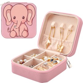 MAYCARI Small Portable Travel Jewellery Box, Cute Elephant Pattern Mini Leather Jewellery Box Organiser for Rings Earrings Necklace Bracelets Jewelry Gift for Women Girls Kids Men(Pink)