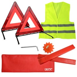 DEDC Car Safety Triangle Warning Kit, Roadside Emergency Kit with Reflective Warning Triangle,Visibility Roadside Vest, LED Road Flares Emergency Lights, Set of 4