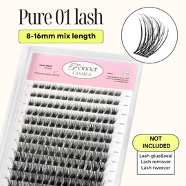 Feinner DIY Lash Cluster Kit Invisible Band Long Lasting Waterproof Bond Seal Remover Natural Eyelashes Cosmetic Makeup Salon Outdoorfun:_Only lash Pure 01 (8-16mm)