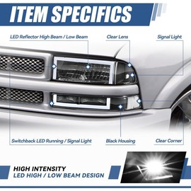 Auto Dynasty LED DRL Headlights Assembly Compatible with 1998-2004 Chevy Blazer S10, 4Pcs Headlamps Replacement w/Bumper Lamps, Box-Style LED Switchback DRL, Black Housing Clear Corner