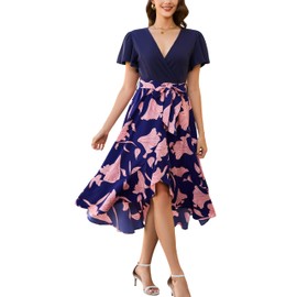 Kormei Women's Summer V Neck Short Sleeve Casual Boho Floral High Low Flowy Party Beach Long Maxi Dress M Navy/Pink Floral