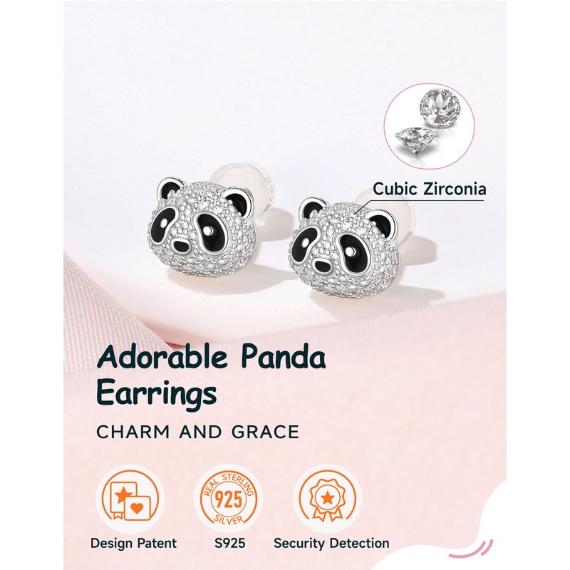 Panda Earrings, Women's, Cute Panda Earrings, Silver, Hypoallergenic, Zirconia, Birthday,