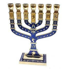 Golden Menorah 7 Branch 12 Tribes of Israel Jerusalem Menora Blue Enamel 4.7"
