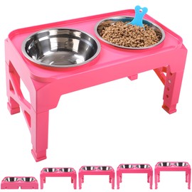 Yacee Elevated Dog Bowls with 2 Stainless Steel Dog Food and Water Bowls+Pet Food Scoop Raised Bowl Adjusts to 5 Heights (3.15",8.66",9.84",11.02", 12.2") for Small Medium and Large Dogs Cats (Pink)