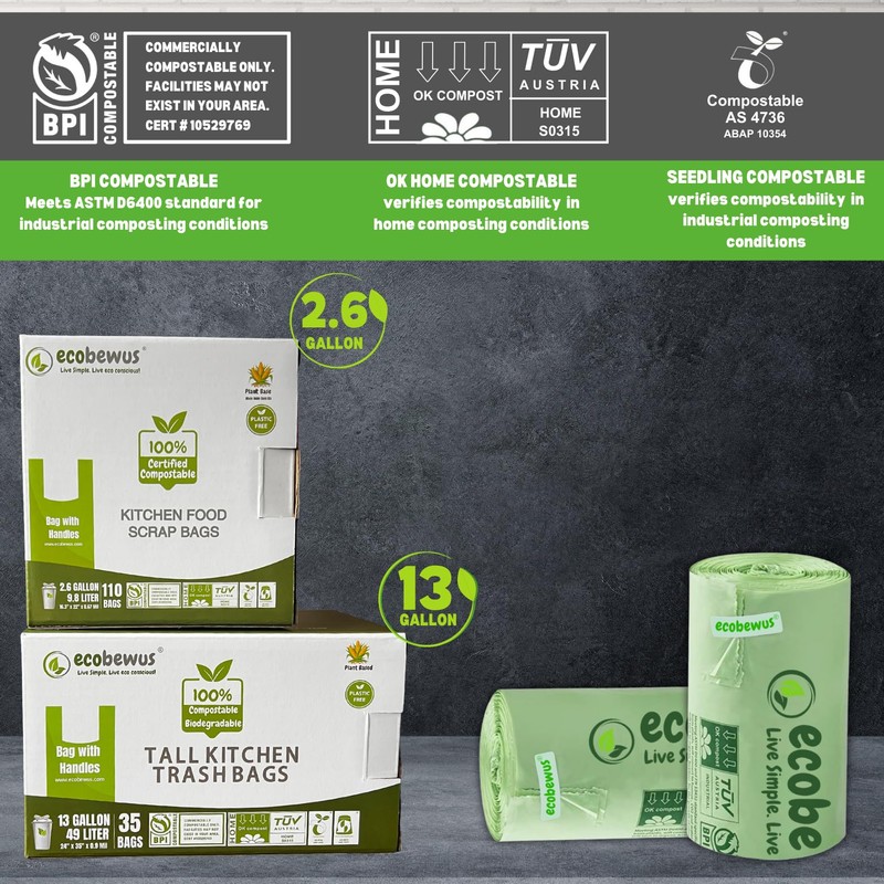 ECOBEWUS 100% Compostable 13 Gallon Bags (35 Bags) Tall Kitchen