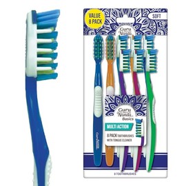 GuruNanda - Cepillo de dientes multiacción con limpiador de lengua, cerdas suaves para dientes sensibles y encías, colores surtidos, paquete de 8