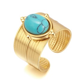Joo&Rind Women's Rings with Turquoise Gemstone, 14k Gold-Plated Stainless Steel Rings, Open Adjustable Gold Ring, Hypoallergenic Jewellery, Gifts for Women, Stainless Steel, Created Turquoise