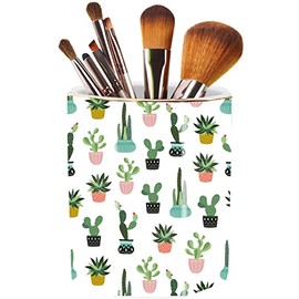 LEAZUL Pen Holder, Makeup Brush Holder Ceramic Shiny Gold Tropical Cactus Green Succulents Pattern Pencil Cup for Girls Kids Women Durable Stand Desk Organizer Storage Gift for Office, Classroom, Home
