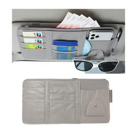 Ohleats Car Sun Visor Organizer, Multifunctional Visor Storage Holder for License Pen Key, Leather Card Cash Pouch with Multi-Pocket Net Zipper, Universal Interior Car Accessories (Gray)