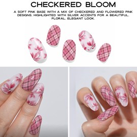 Adora Couture Semi Cured Gel Nail Strips with 20 Pieces, Salon Quality Wraps for Women, Checkerboard Pink Color with Floral UV Gel Stickers, UV Light Required, Checkered Bloom