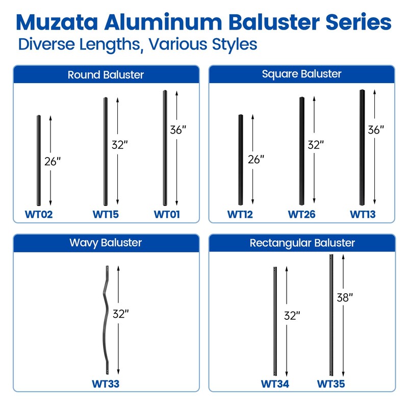 Muzata 50Pack 26" x3/4" Aluminum Deck Balusters Square Baluster Deck