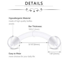 FECTAS 16G Clear Flexible Plastic Daith Rook Earrings Eyebrow Rings Curved Barbells Belly Piercing Retainers 15PCS