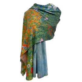 GFM® Wool Blend Cashmere Texture Painting Art Based Print Shawl Scarf for Autumn Winter (Klimt Floral Garden)(PWSHL-FS-7938-A)