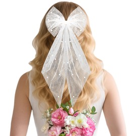 2PCS White Hair Bow Short Veils, Large Pearl Bow Hair Pin, White Tulle Bridal Hair Clip, Bridal Pearl Hair Bow/Wedding Party Accessories for Graduation Ceremony, Themed Photography, Proposal Ceremony