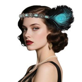 CURASA 1920s Flapper Headpiece Great Gatsby Cocktail Costume Roaring 20s Feather Headband Black Blue Vintage Head Chain Party Prom Elastic Hair Decorations Elegant Head Jewelry For Women