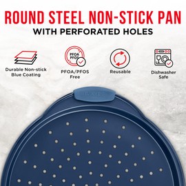Bakken Pizza Baking Pan - Round Perforated Carbon Steel Pan with Non-Stick Marble Coating, Oversized Silicone Handle, Dishwasher Safe, High-Temperature Resistant, Durable & Easy Cleanup Blue, 2 Pack