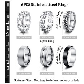 KALVICA 6 Piece Stainless Steel Rings for Men Rings Set Open Ring Spinner Rings Viking Rune Rings with Chain Size 54-70, Stainless Steel