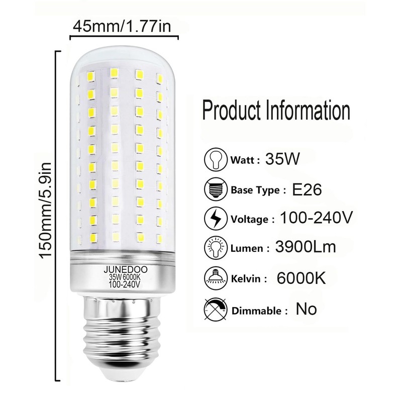 JUNEDOO E26 Garage LED Light Bulbs 35W, 6000K Daylight White,Edison