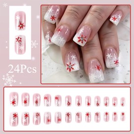 24Pcs Christmas Snowflake Press on Nails Short Square Fake Nails French Tip with Rhinestones Winter Holiday False Nails Full Cover Glue on Nails Winter Stick on Nails Cute Christmas Nails for Women