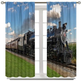 Yoakiet Steam Engine Blackout Curtains,3D Vintage Steam Old Train Through Country Field Scenery Print Rod Pocket Window Treatments Drapes for Bedroom Living Room Kitchen 42x63in