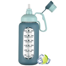 MUKOKO 64oz Glass Water Bottles with Straw, Half Gallon Water Bottle with Time Marker, Motivational Water Bottle with Silicone Sleeves,Large Glass Water Bottle for Gym,Working,Outdoor,Blue