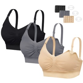 INTLMATE 3 Pack Women's Nursing Bra Seamless Wireless Night Sleep Nursing Maternity Bra Sleep Bralette with Removable Spill Prevention Pads and Bra Extenders, Black/Beige/Grey