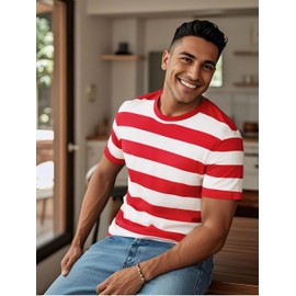 Funny World Red and White Striped Shirt Men Cotton Crew Neck Basic T-Shirts, Red and White, Large