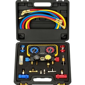 R1234YF R134A AC Gauge Set 4 Valve Manifold HVAC Gauges with Hoses Compatible with R1234YF R404a R134a System Air Conditioner Recharge Kit