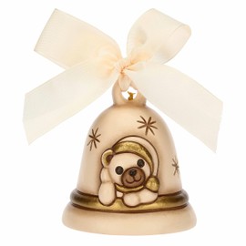 THUN - Bell Limited Edition 2023 Cream with Ceramic Teddy Hand Decorated Christmas Decoration, 7.3 x 7.3 x 8.5 cm H