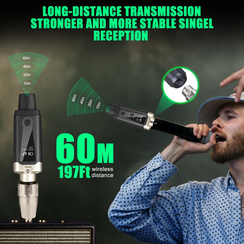 UHF Wireless XLR Transmitter and Receiver with 48V Phantom Power,Rechargeable