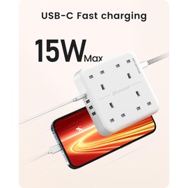 LENCENT LENCENT Extension Lead with 4 Way Outlets, 3250W 13A Power Strip, 1.8M Braided Extension Cord, 1 USB-C and 3 USB Slots, Multi Power Plug Extension for Home and Office, White