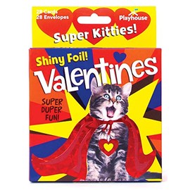 Playhouse Super Hero Kitty Shiny Foil 28 Card Valentine Exchange Box with Envelopes for Kids